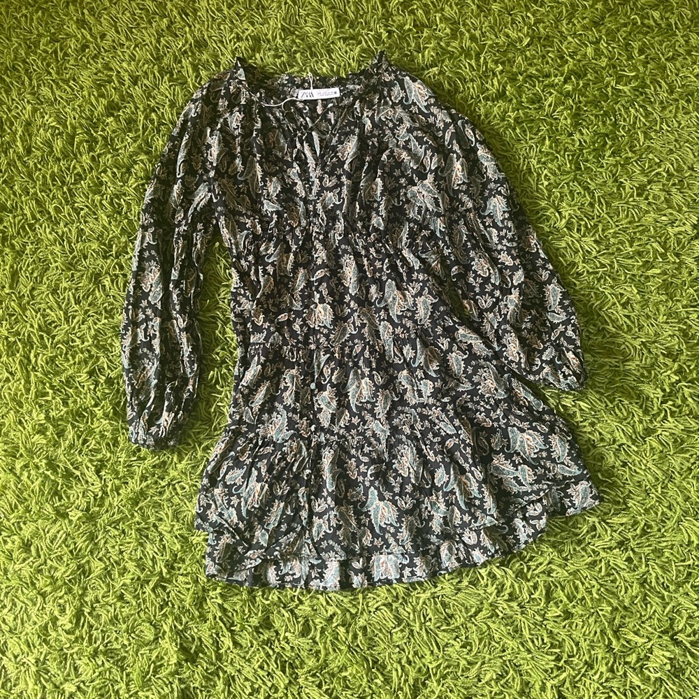 Zara Black Paisley Tiered Mini Dress with Teal Accents